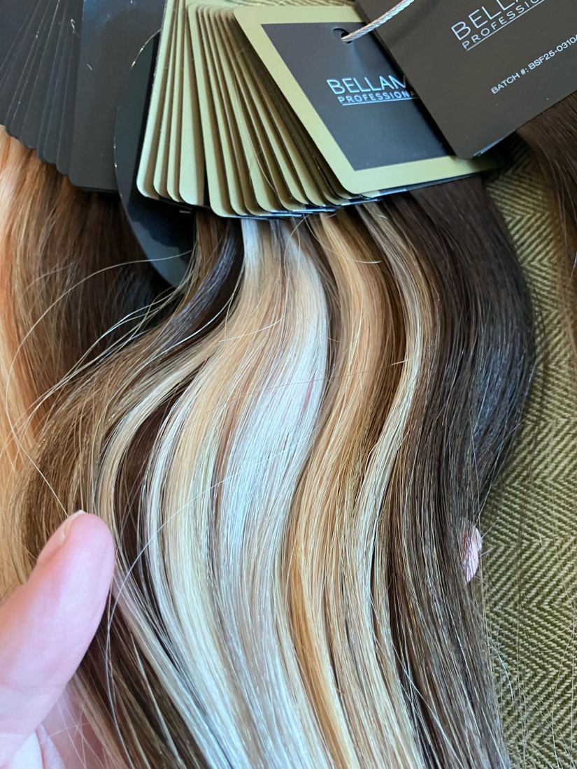 Blonde and bronde Bellami extension blends with shade tags