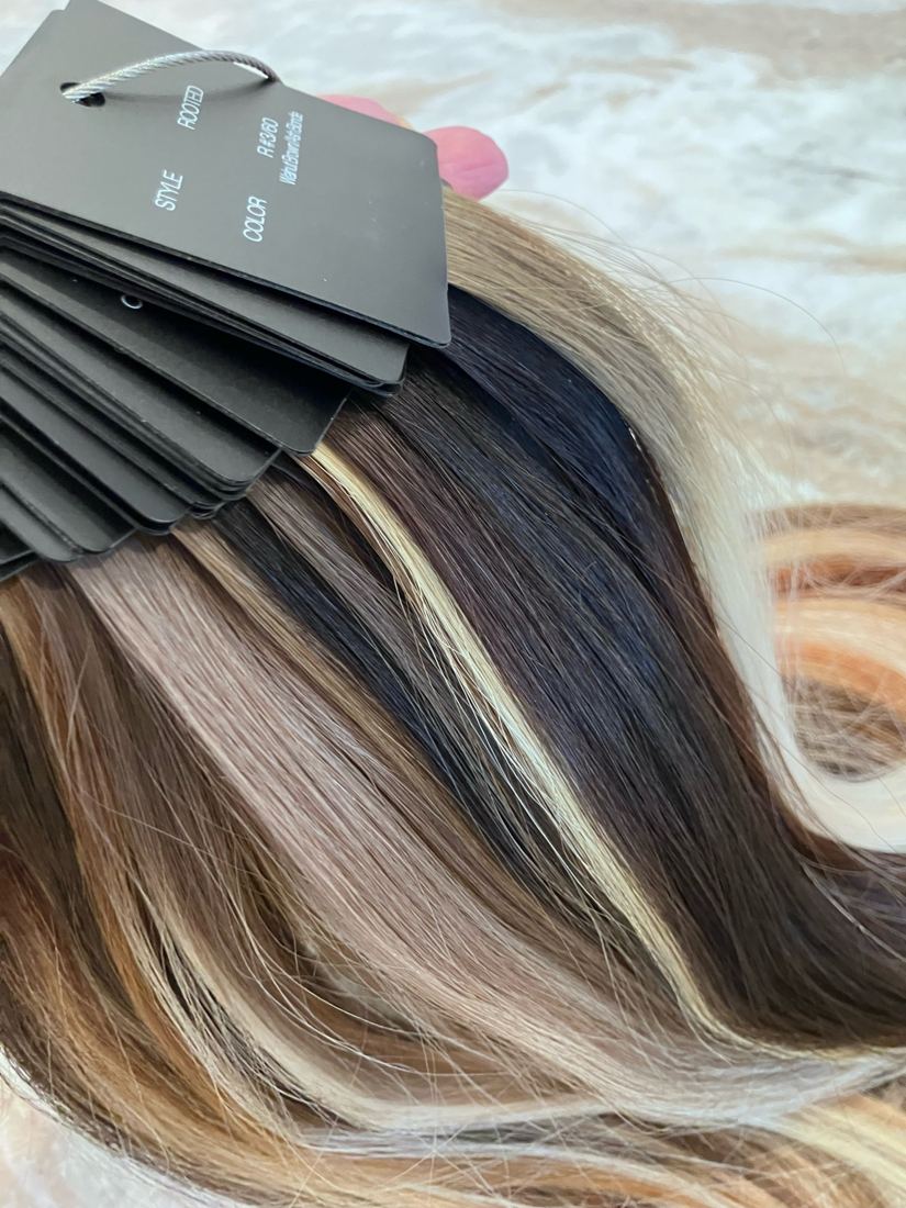 Rooted walnut brown and ash blonde extension swatch